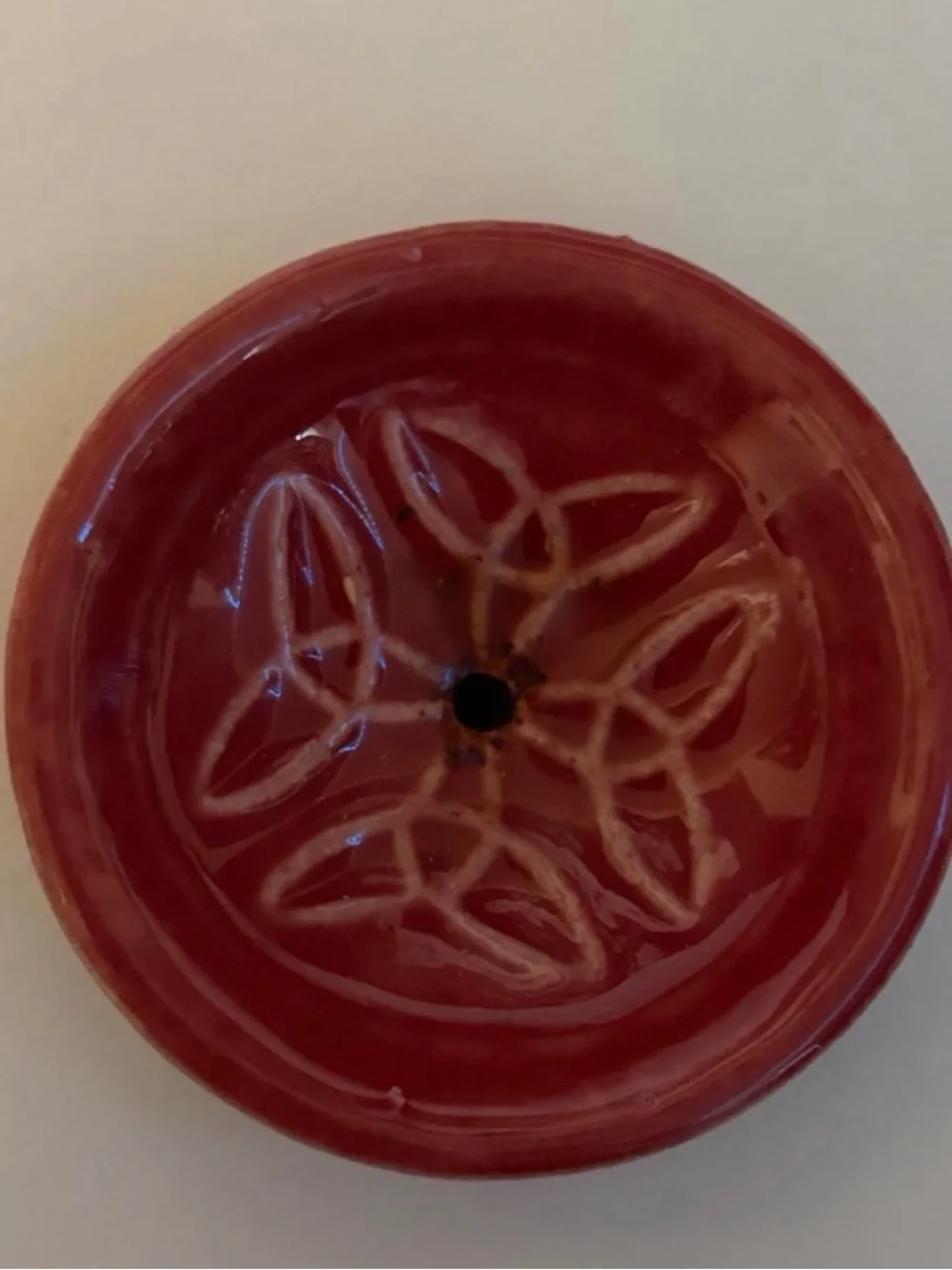 Red Ceramic Accent Dish with Floral Carved Motif